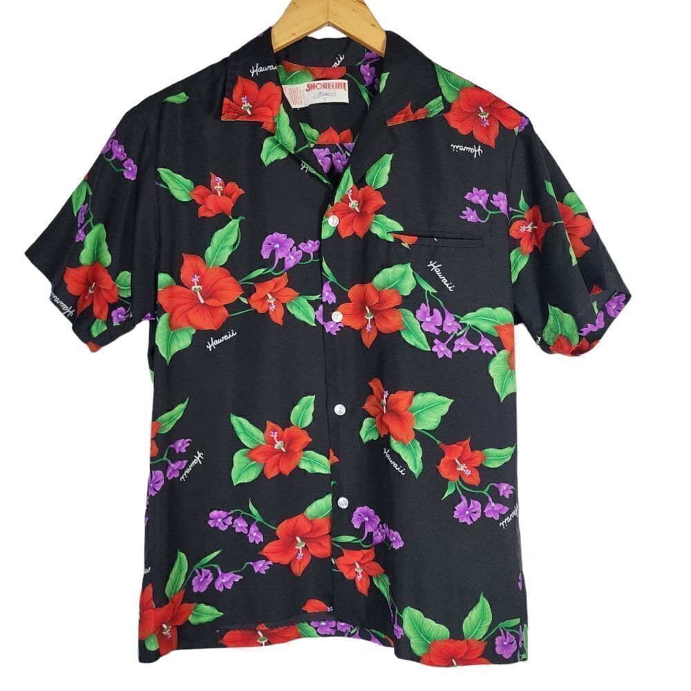 Vintage Shoreline Hawaii  Black Floral Button Up Hawaiian 70s Shirt